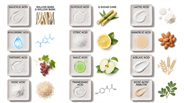 Skincare cosmetic acids and active ingredients set with natural sources isolated on white background