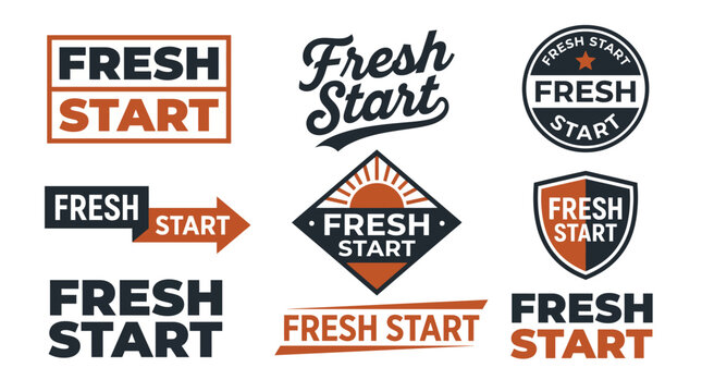 This diverse collection of logos and badges titled 'Fresh Start' promotes new beginnings, featuring vibrant designs and motivational elements suitable for various themes and businesses.