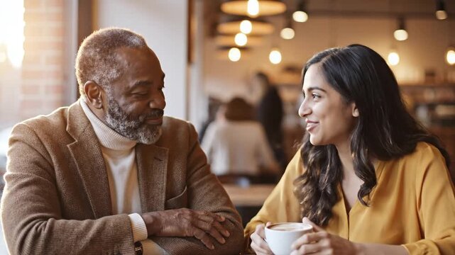 Diverse business colleagues conversing in a modern coffee shop