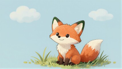 Naklejka premium Cute orange fox sits happily in grass under a blue sky with fluffy clouds.