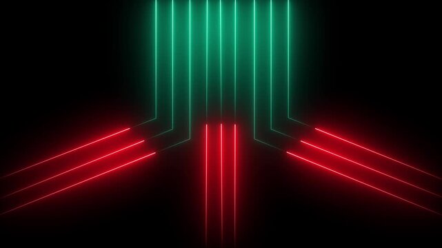 Red and Green Neon Lines Forming an Abstract Geometric Shape on Black Background light