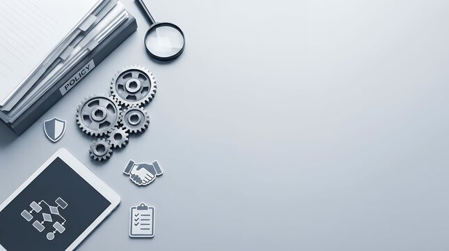 Conceptual Representation of Corporate Compliance Internal Regulations and Basic Employee Rules Featuring Visual Elements Such as Documents Gears Icons or a Network Diagram Emphasizing the Importance