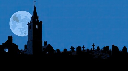 Naklejka premium Silhouetted church, graveyard, and moonlit sky evoke a spooky night