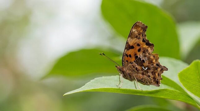 Delicate and Detailed Close-Up Photograph of a Butterfly Specifically a Question Mark Butterfly (Polygonia interrogationis) Resting Gracefully on a Green Leaf Showcasing Its Distinctive Wing Pattern