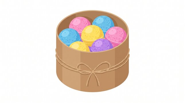 Isometric illustration of colorful bath bombs presented in a round cardboard tube