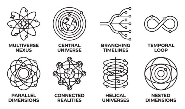 Multiverse nexus and branching timeline icons for space time and parallel dimensions.