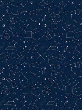 Night sky pattern featuring white stars and zodiac constellations