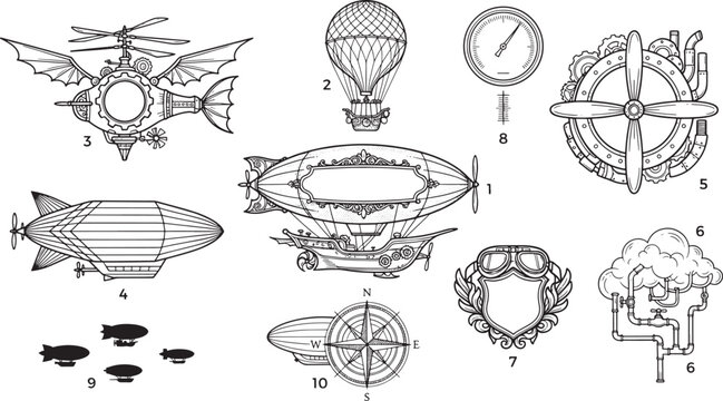 Steampunk themed set featuring airships, hot air balloons, compasses, gauges, and mechanical frames on a clean white background for