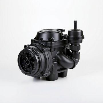 Black sewage ejector pump with float switch on white background