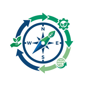 A circular green energy concept icon with a central compass
