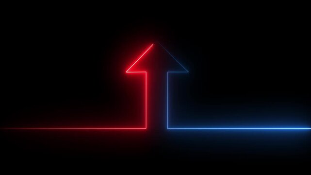Split Neon Arrow Blue and Red Pointing Upward on Black direction