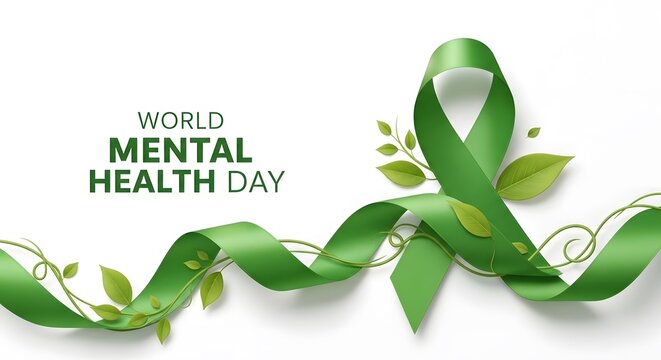 World mental health day concept with a green awareness ribbon and fresh leaves on white background