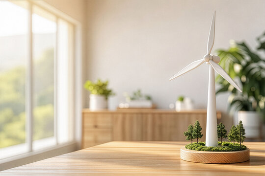 Miniature wind turbine model on a wooden desk in a bright office, copy space