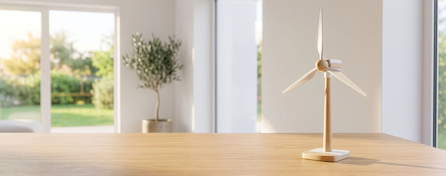 A small wind turbine model placed on a wooden desk in a bright office (with copy space). An image conveying positive, clean energy, themed around renewable energy and the SDGs