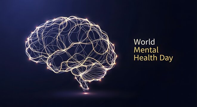 Digital human brain illustration made of glowing network connections for world mental health day conceptual background design