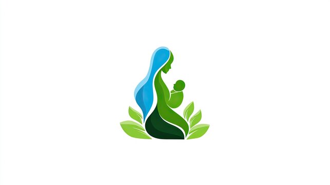Stylized mother holding baby with green leaves logo.