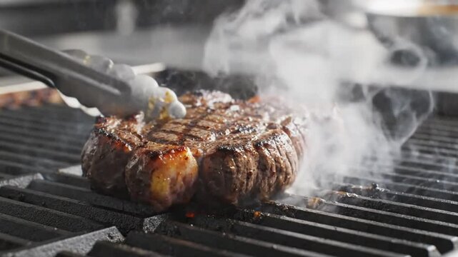 Chef grilling a thick-cut ribeye steak on a hot grill with grill marks, creating a delicious meal