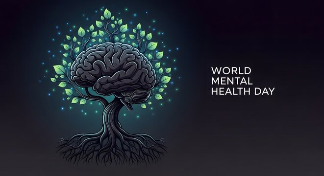 World mental health day concept featuring a glowing tree of life on a dark background for awareness