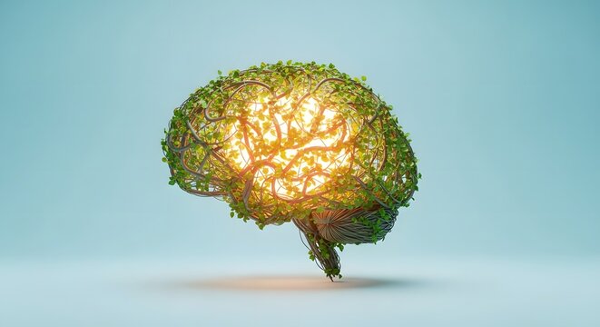 A conceptual human brain made of fresh green grass representing sustainable thinking and natural mental growth