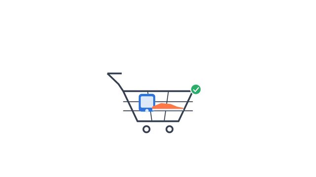 Shopping cart with items and a green checkmark, symbolizing successful online purchase or order completion.