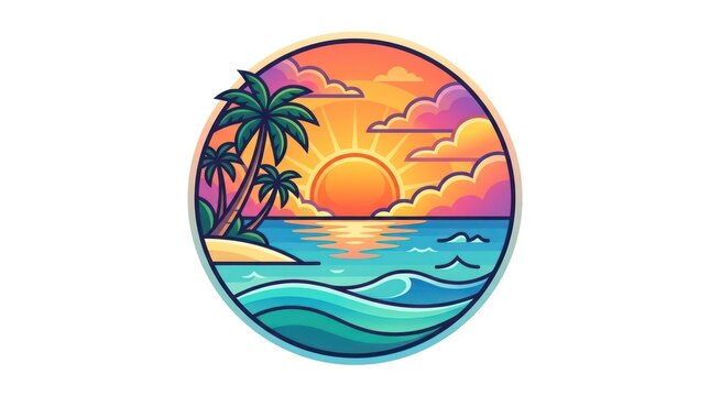 Tropical sunset beach icon. Summer vacation emblem with palm trees and ocean waves.
