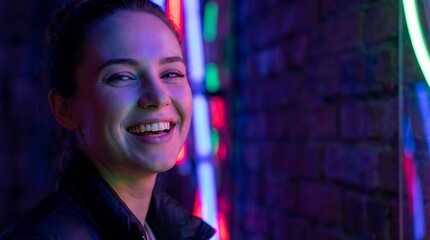 Obraz premium A Striking and Vibrant Portrait of a Young Woman Her Face and Expression Lit Up by Colorful Neon Lights Creating a Modern and Artistic Visual Full of Energy and Emotion a portrait of a young woman