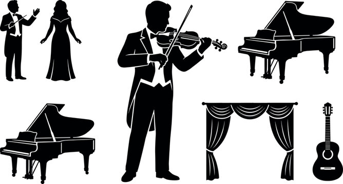 Classical music orchestra and theater silhouette vector icon collection featuring conductor, opera singer, violinist, grand piano, stage curtain, and acoustic guitar.