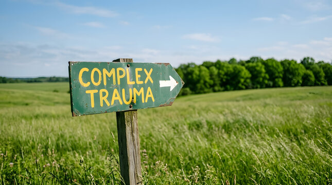 Weathered green directional sign pointing towards complex trauma in open meadow with sunlit grassy field tree lined horizon text reading complex
