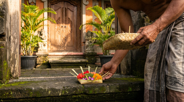 Adult placing a traditional canang sari near a Balinese home, illustrating everyday cultural practice for travel, education and heritage storytelling.