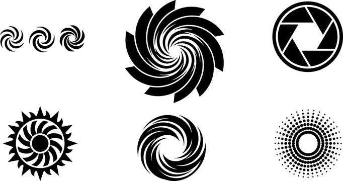 Black and white circular geometric vector icons set with camera shutter vortex spirals halftone sunburst ring and sharp flame sun design elements
