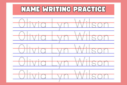 Educational worksheet for children featuring name writing practice with dotted letter guides