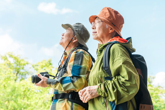 Senior couple enjoying hiking and trekking (outdoors, mountaineering, leisure)