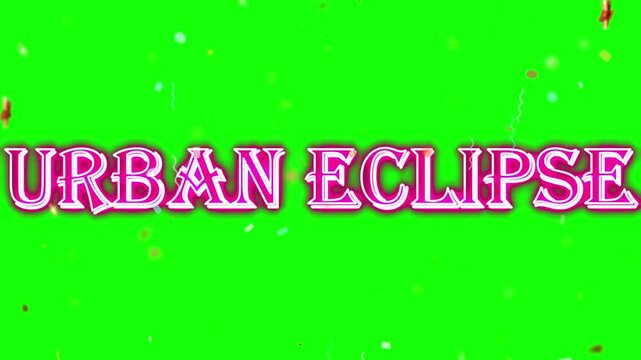 Urban Eclipse lettering features bold pink outlined text centered on a bright green screen background with scattered light particles to facilitate easy chroma key compositing for video production.