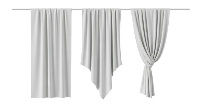 White curtains hanging on rod. Fabric drapes set for interior design Cutout PNG