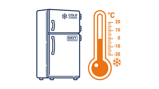 Detailed refrigerator outline beside vertical temperature scale.