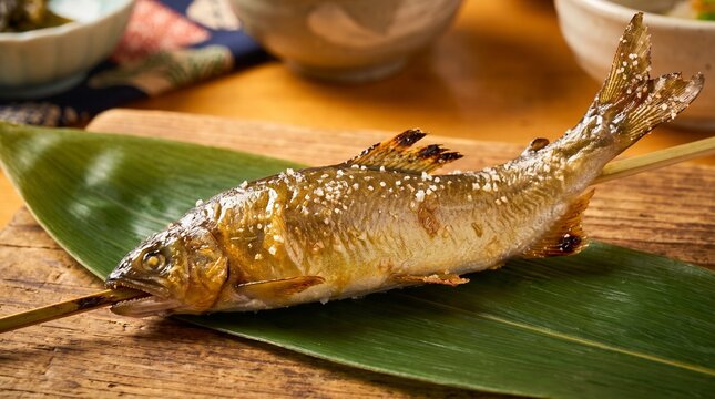 Ayu sweetfish grilled whole bamboo leaf crispy skin rare Japanese delicacy macro photography