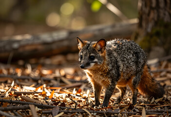 Fototapeta premium Island fox standing on a forest floor covered with dry leaves and branches in natural habitat, the small mammal has gray and orange fur, with a dark nose and eyes