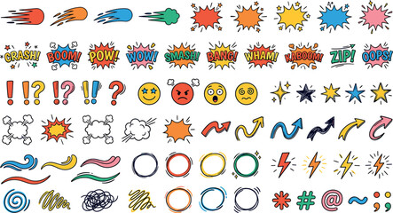 Comic book sound effect sticker design bundle featuring pop art explosions expression emojis arrows scribble circles and lightning elements. © ALOMGIR