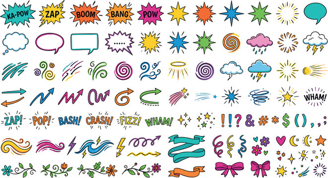 Comic book sound effect sticker and vector icon collection featuring colorful pop art sound bubbles, stars, arrows, ribbons, and hand drawn doodle elements.