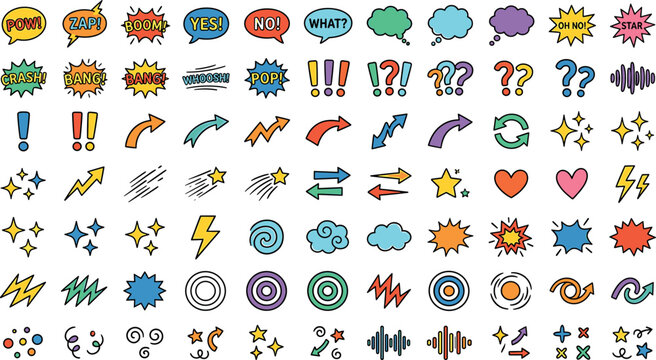 Comic book sound effects sticker vector bundle featuring colorful speech bubbles punctuation marks arrows lightning bolts hearts and sparkle stars.