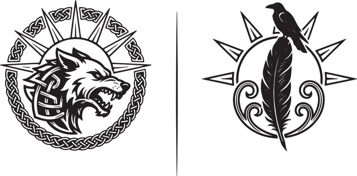 Black and white featuring a snarling wolf head in a celtic circle and a raven perched on a feather with a sunburst symbol