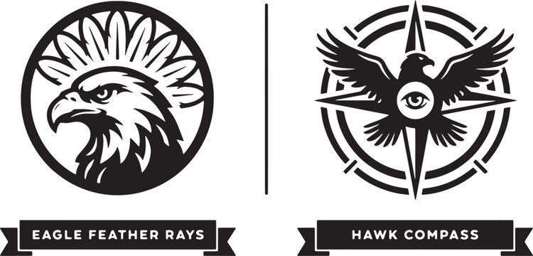 Black and white set featuring a stylized eagle head with feathers and a hawk compass with an eye, isolated on white