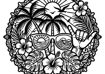 Fototapeta premium Hawaiian Summer Mandala with Sunglasses, Palm Trees, Hibiscus, and Shaka Hand Sign