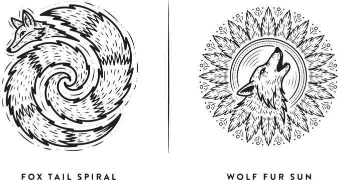 Fox tail spiral and wolf fur sun circular symbols in black and white line style with text labels on a clean white background