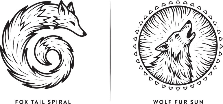Fox tail spiral and wolf fur sun symbols in black and white line style with text labels on a clean white background for