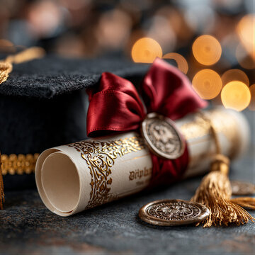 Elegant close-up of a graduation diploma scroll with red silk ribbon beside a mortarboard, warm golden lighting, soft bokeh background, negative space for text, ideal for educational marketing and...
