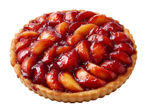 Peach and plum tart with glossy glazed fruit in a crisp pastry shell, isolated on a white background.