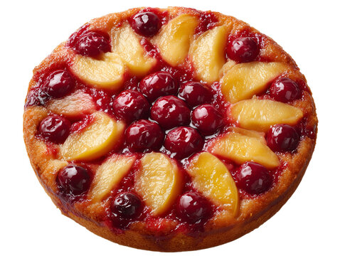 Peach and cherry upside-down cake topped with caramelized fruit and glossy berry glaze, isolated on a white background.