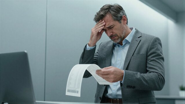 Man in suit holds bill, head in hand, stressed by financial charges.