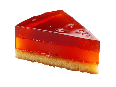 Slice of red gelatin dessert with a buttery biscuit crust, glossy fruit-flavored jelly, isolated on a white background.